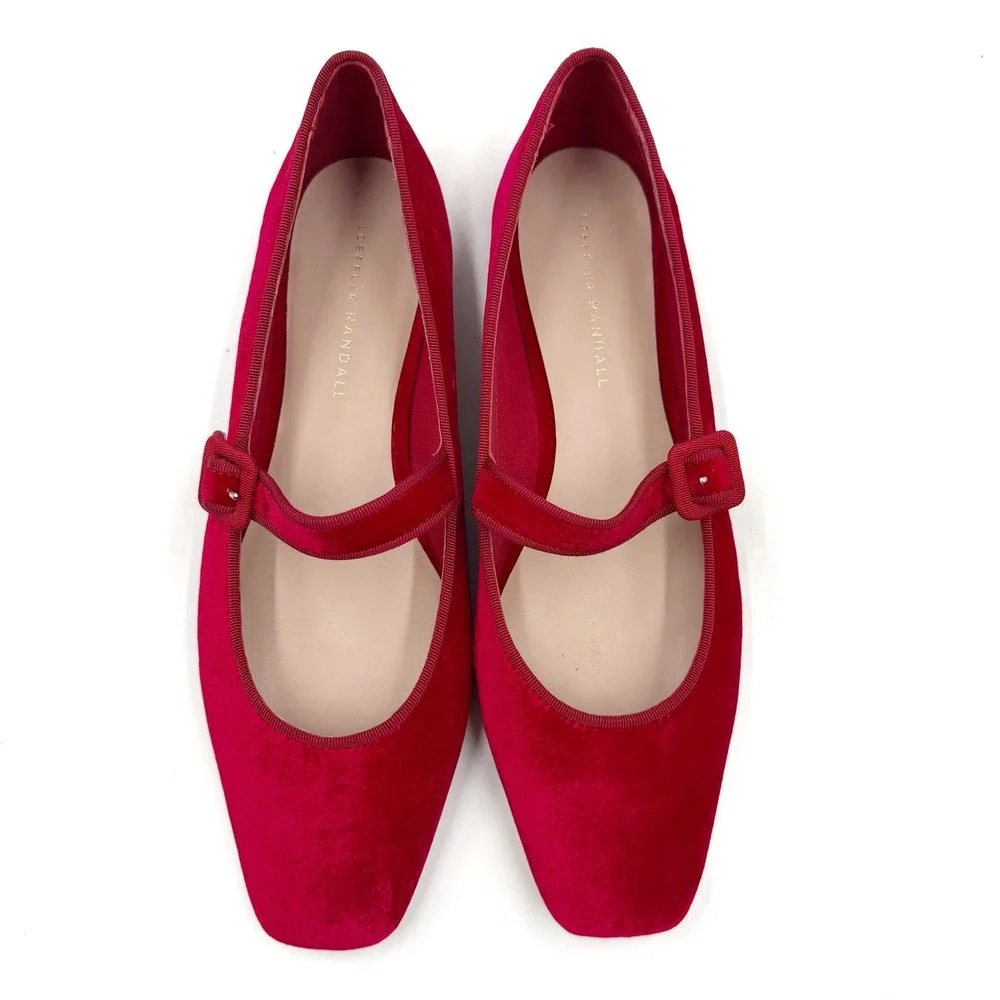 Loeffler‎ Randall Ginger Red Velvet Mary Jane Flats Square Toe Ballet Sz 9